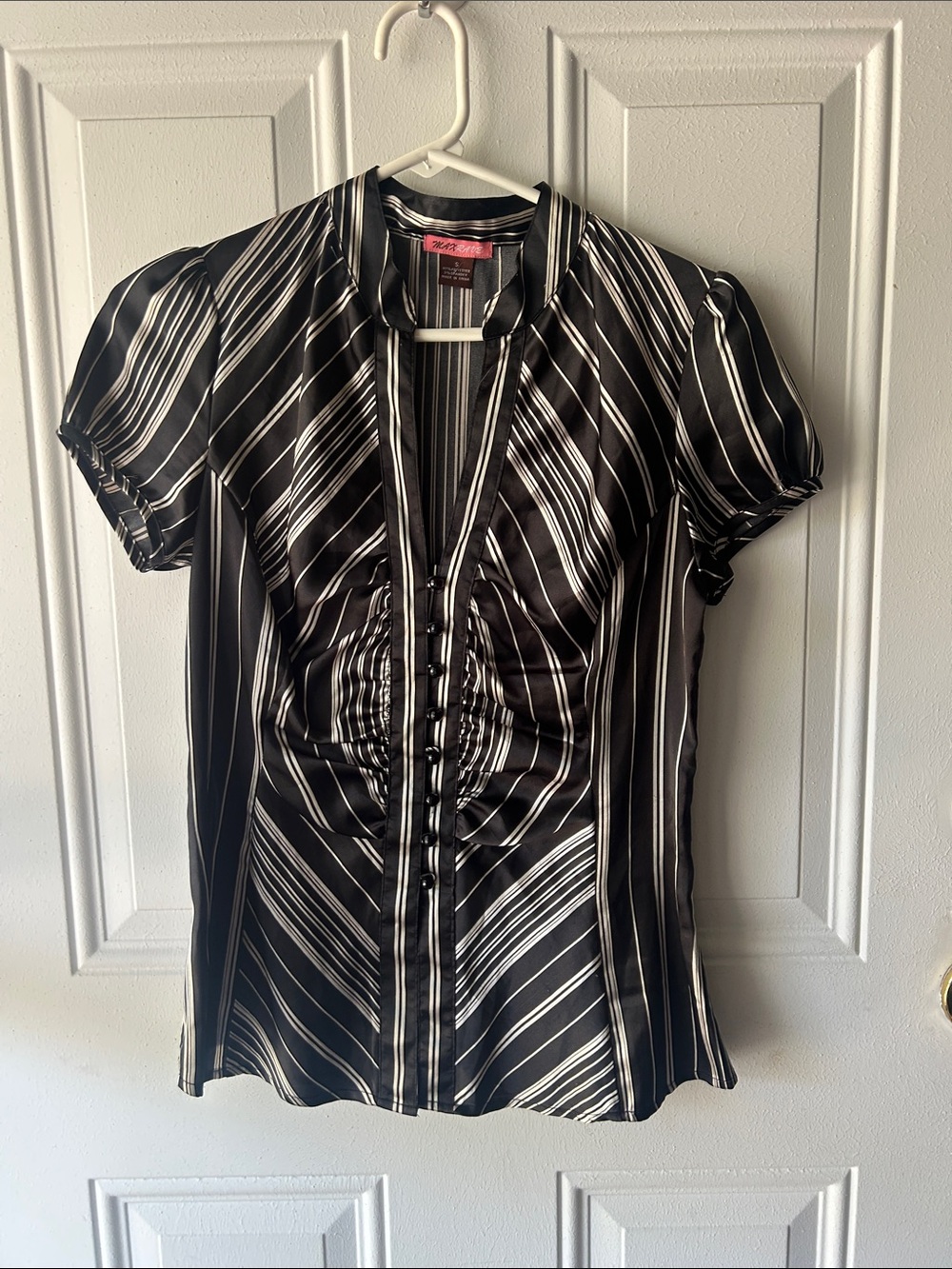 Max Rave Black and White Stripe Ruched Button-Front Blouse